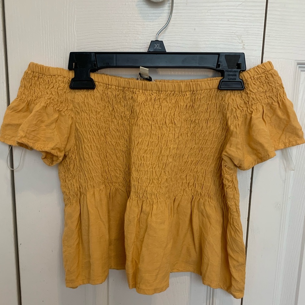 cropped off the shoulder yellow top